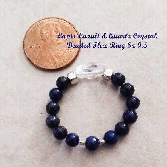 Slim Thumb Ring! Lapis Lazuli Beads + Quartz Nugget Ring Sz 9.5 ~ Sleek & Sexy - Picture 3 of 9